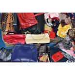 TWO BOXES OF LADIES HANDBAGS, PURSES, GLOVES, SCARVES, BELTS, etc, bags include Radley, Planet, Jane