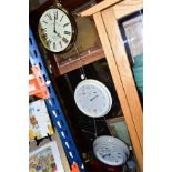 THREE MODERN CIRCULAR QUARTZ WALL CLOCKS, one of oversized pocket watch style, another with the dial