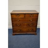 A GEORGE III OAK CHEST OF TWO SHORT OVER THREE LONG GRADUATED DRAWERS, with swan neck handles on