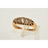 AN EARLY 20TH CENTURY 18CT GOLD FIVE STONE DIAMOND RING, set with five graduated old cut diamonds