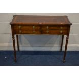 A REPRODUCTION BURR WALNUT AND CROSSBANDED SIDE TABLE with four drawers, width 96cm x depth 43cm x