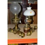 FIVE VARIOUS BRASS AND COPPER LAMPS, including a pair of reproduction GWR interior carriage lamps, a