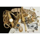 A SELECTION OF COSTUME JEWELLERY, to include four ladies wristwatches of various designs such as