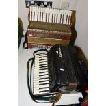 TWO VINTAGE ACCORDIANS, comprising a Casali Verona red marble bakelite cased example with thirty six