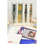 FOUR SWATCH WRISTWATCHES AND A BOX OF SWATCH CATALOGUES AND BOOKLETS, of various colours and