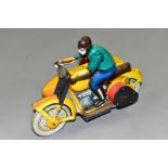 A TINPLATE CLOCKWORK MOTORBIKE AND SIDECAR, not marked, possibly Russian, yellow and red bike and