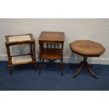 A REPRODUCTION MAHOGANY TELEPHONE TABLE, with a brushing slide, on spindle supports, 45cm squared,