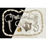 A COLLECTION OF WHITE METAL JEWELLERY to include a horn pendant, a gem set ring, chains and a