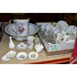 A BOX AND LOOSE GLASSWARE AND CERAMICS, including Wedgwood Kuntani Crane and wild strawberry trinket