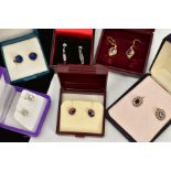 SIX PAIRS OF EARRINGS, to include a pair of 9ct gold oval cut amethyst earrings, with post and