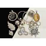 A COLLECTION OF WHITE METAL JEWELLERY to include various pendants, a ring, hoop earrings and