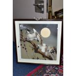 A JAPANESE BIRD FEATHER COLLAGE DEPICTING TWO BIRDS ON A BRANCH OF A THREE, framed, size including