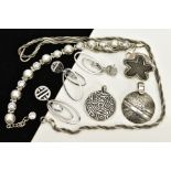 A COLLECTION OF WHITE METAL JEWELLERY to include various pendants, a ring, earrings and chains to
