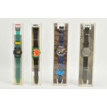 FOUR SWATCH WRISTWATCHES, of various designs and colours, all fitted with rubber straps, all