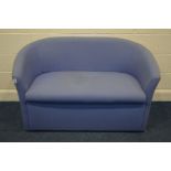 A MODERN BLUE UPHOLSERED TWO SEATER SETTEE (stained)
