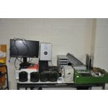A LARGE QUANTITY OF COMPUTER EQUIPMENT including a tower, two monitors, a variety of speakers etc (