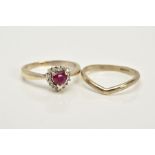 TWO 18CT WHITE GOLD RINGS, firstly a heart shaped ruby and diamond cluster, (condition:- this ruby