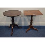 A GEORGIAN MAHOGANY CIRCULAR DISH TOP TRIPOD TABLE, diameter 61cm x height 71cm together with a