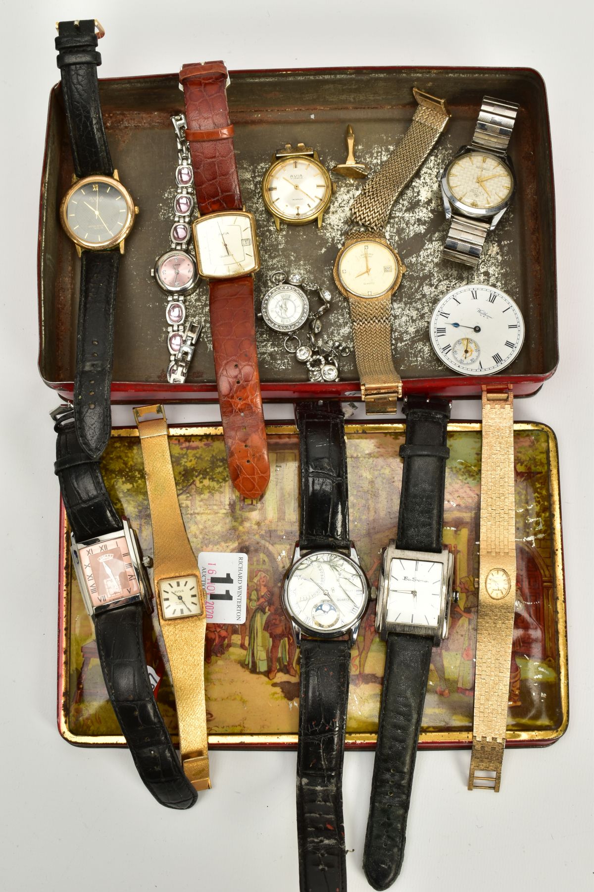 A TIN OF WRISTWACHES, to include six gents wristwatches, such as a rectangular cased 'Rotary' salmon