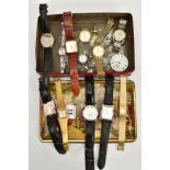 A TIN OF WRISTWACHES, to include six gents wristwatches, such as a rectangular cased 'Rotary' salmon