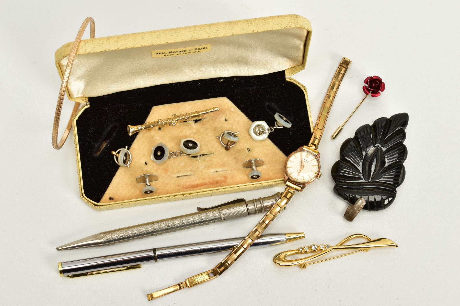 A SELECTION OF ITEMS, to include a cased incomplete set of white metal and mother of pearl dress