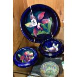 THREE PIECES MOORCROFT POTTERY, comprising an Orchid Laelia Autumnalis dish, diameter 19cm impressed