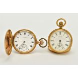 TWO WALTHAM POCKET WATCHES, a gold plated full hunter white enamel dial, roman numerals, seconds