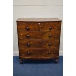 AN EARLY VICTORIAN FLAME MAHOGANY AND MAHOGANY BOWFRONT CHEST OF TWO SHORT OVER THREE LONG GRADUATED