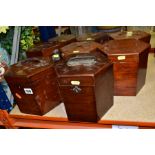 EIGHT 19TH AND EARLY 20TH CENTURY MAHOGANY AND WALNUT HEXAGONAL CONCERTINA CASES, some in distressed