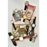 A BOX OF ASSORTED WRISTWATCHES, POCKET WATCHES AND WATCH PARTS, to include thirteen gent's quartz