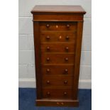 A VICTORIAN WALNUT WELLINGTON CHEST of seven drawers, turned handles, with side bar locking