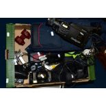 A BOX OF CAMERAS, BINOCULARS, ETC, including a pair of Sakura 21-260 x 60 binoculars, a Vivitar