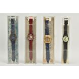 FOUR SWATCH WRISTWATCHES, of various designs and colours, three fitted with leather straps, one with