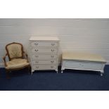 A CREAM AND GILT CHEST OF FIVE LONG DRAWERS, width 78cm x depth 43cm x height 103cm and a similar