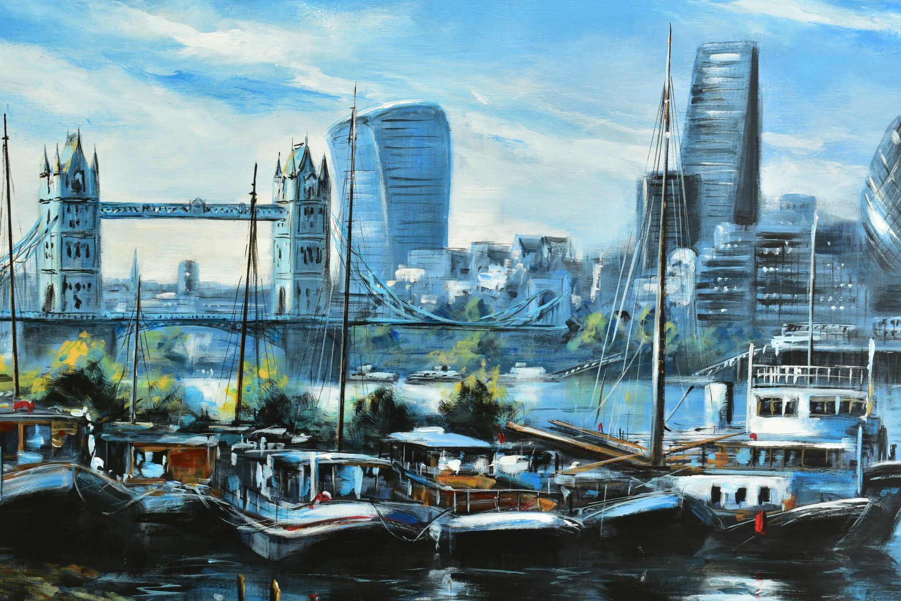 CSILLA ORBAN (HUNGARY 1961), 'London view over Tower Bridge', an impressionist London cityscape, - Image 2 of 6