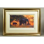 ROLF HARRIS (AUSTRALIAN 1930), 'Backlit Gold', a Limited Edition print of Indian Elephants, 83/