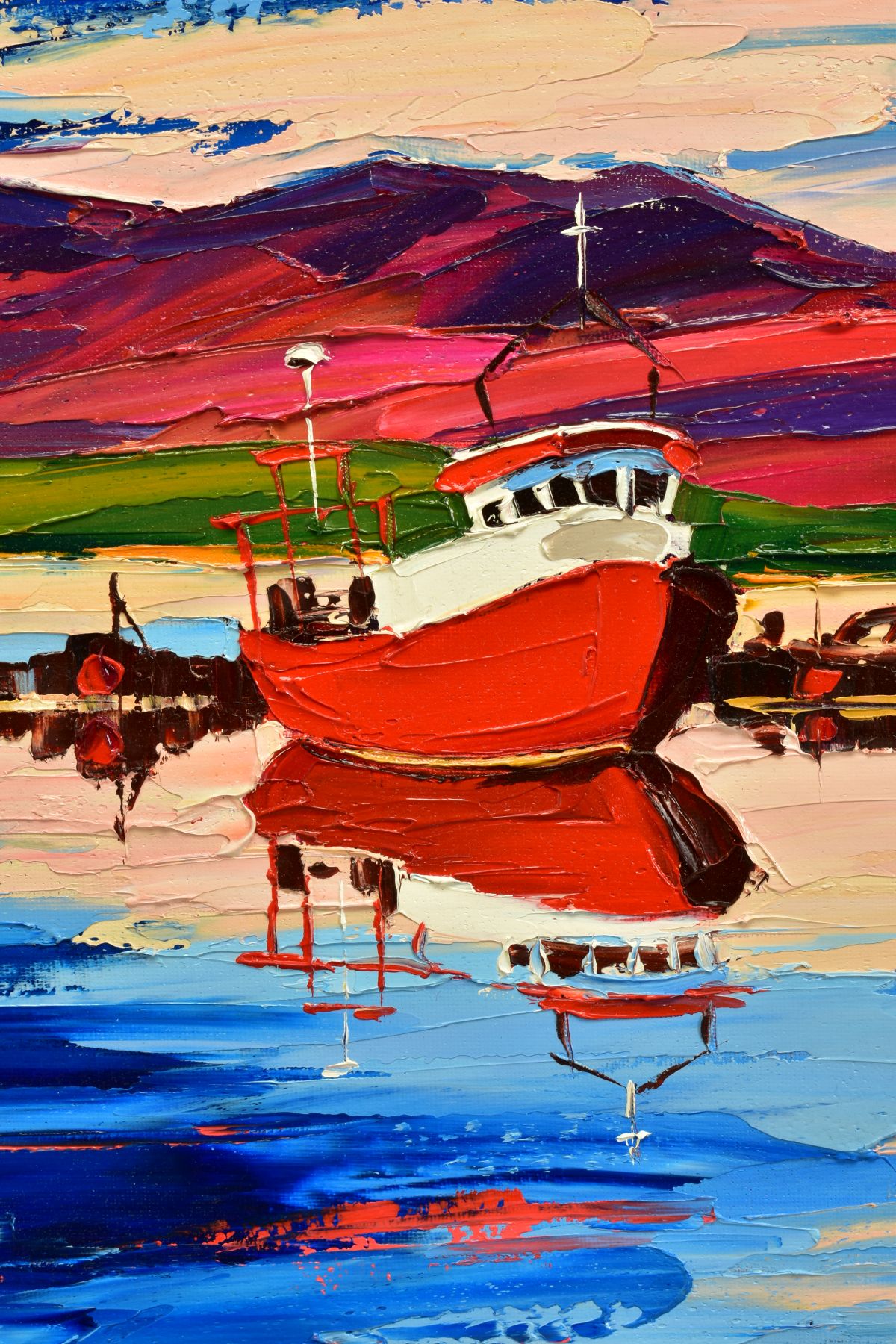 LYNN RODGIE (BRITISH CONTEMPORARY), 'Evening Sky', a sunset over a beach and fishing boat, signed - Image 2 of 7