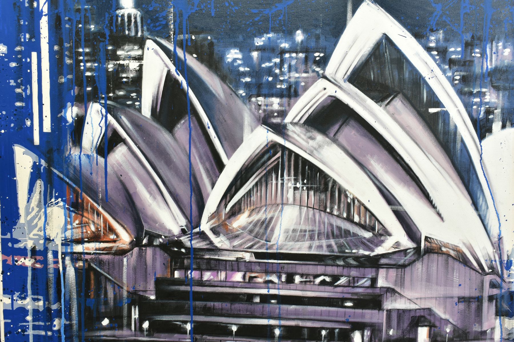 KRIS HARDY (BRITISH 1978), 'Sydney Opera House at Night', signed bottom right, mixed media on - Image 2 of 9