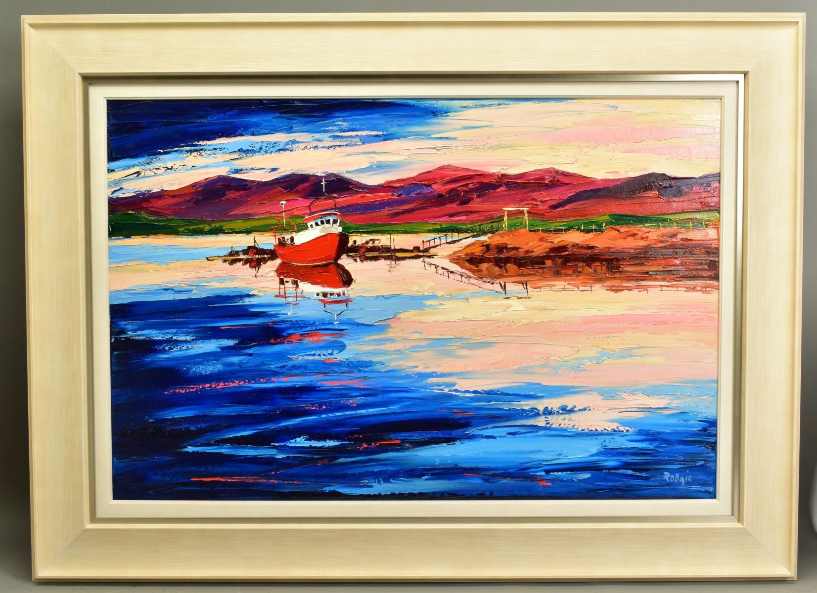 LYNN RODGIE (BRITISH CONTEMPORARY), 'Evening Sky', a sunset over a beach and fishing boat, signed - Image 6 of 7