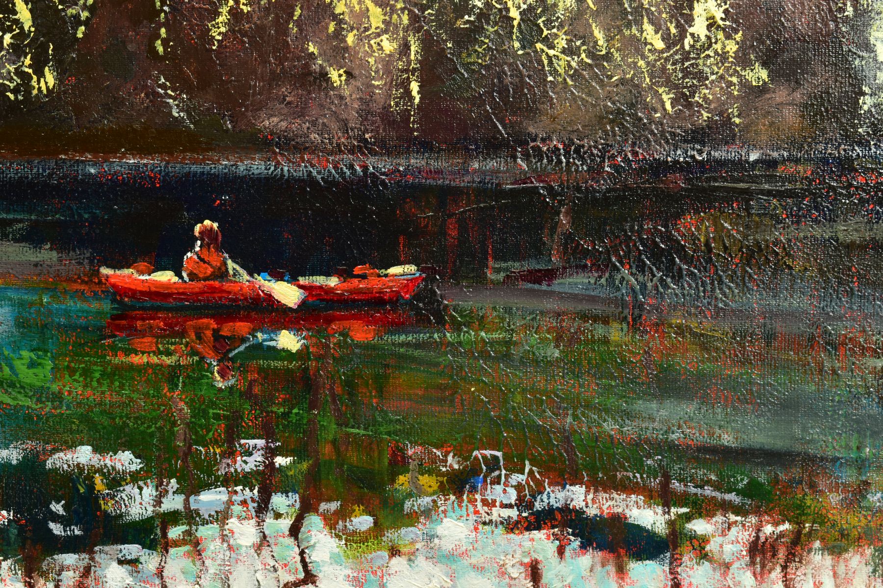 TIMMY MALLETT (BRITISH CONTEMPORARY), 'Tranquil Afternoon', an impressionist river scene with a - Image 3 of 8