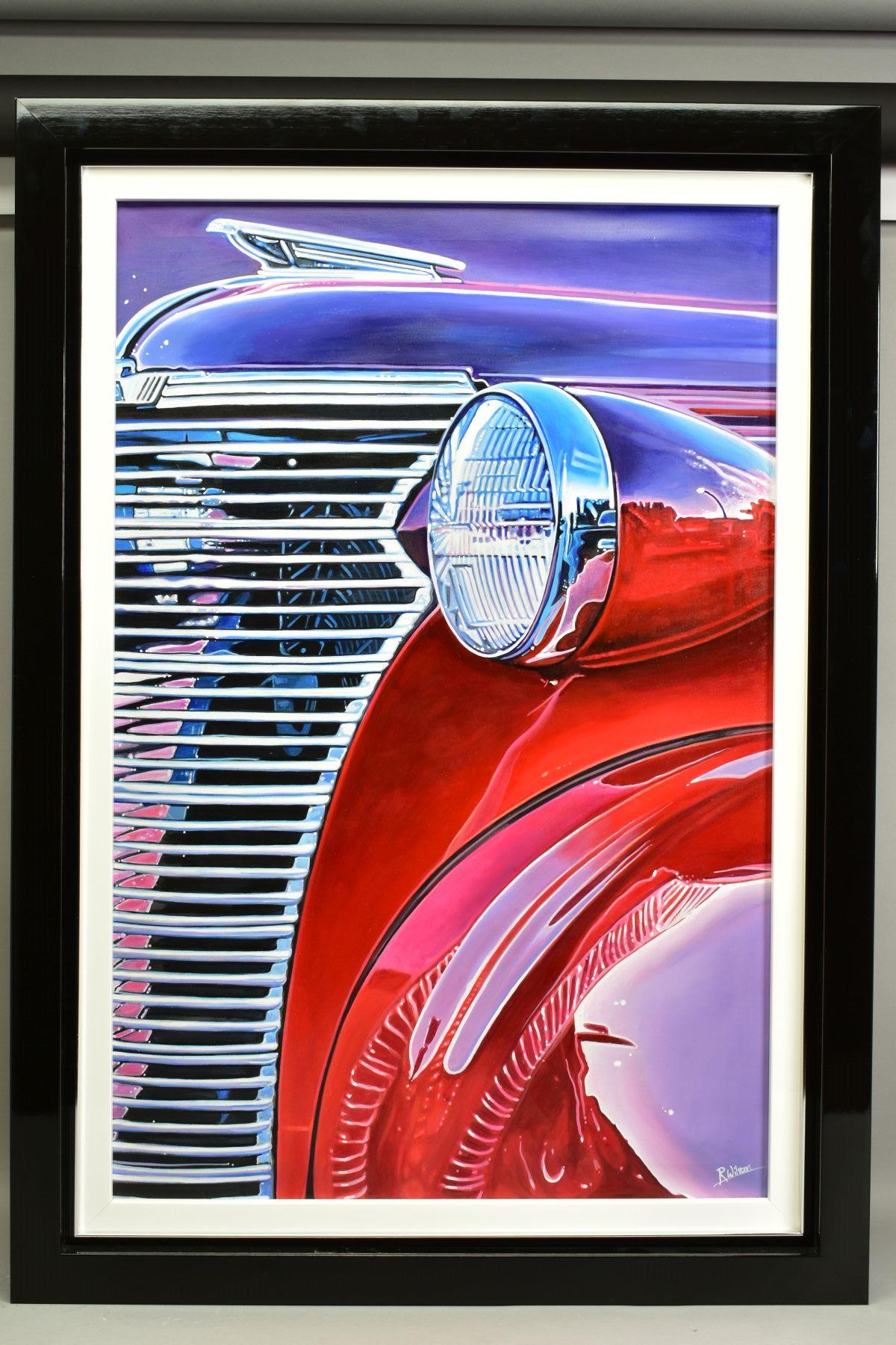 ROZ WILSON (BRITISH CONTEMPORARY), 'Red and Purple Buick', a study of a classic American car, signed