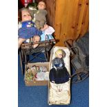 A COLLECTION OF DOLLS AND PRAMS to include a 19th Century pumpkin headed doll, cloth body with