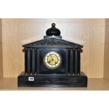 A LATE 19TH CENTURY BLACK SLATE AND PAINTED METAL MANTEL CLOCK OF ARCHITECTURAL FORM, with domed