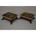 A PAIR OF LATE VICTORIAN BURR WALNUT, WALNUT AND TUNBRIDGE WARE RECTANGULAR FOOT STOOLS, with gothic