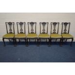 A SET OF SIX 19TH CENTURY MAHOGANY PIERCED SPLAT BACK CHAIR, with carved acanthus knees, ball and