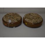 A PAIR OF VICTORIAN WALNUT AND INLAID CIRCULAR FOOTSTOOLS