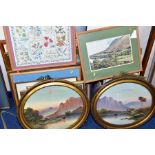 A QUANTITY OF PAINTINGS AND PRINTS, to include a pair of early 20th century oval gouache paintings