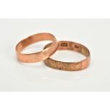 TWO ROSE GOLD COLOURED WIDE BANDS, the first of a plain polished design, hallmarked 9ct gold