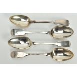 FOUR OLD ENGLISH FIDDLE PATTERN SERVING SPOONS, the fist matching pair with engraved initials to the