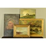 FOUR LATE 19TH/EARLY 20TH CENTURY OILS ON CANVAS, comprising an unframed head and shoulders portrait